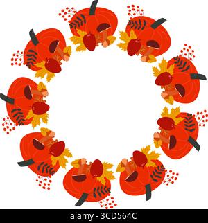 Foglie autunnali della foresta e ghirlanda di zucca. Modello con cornice circolare per biglietti di auguri o inviti per il mercato agricolo. Illustrazione piatta e accogliente. Illustrazione Vettoriale