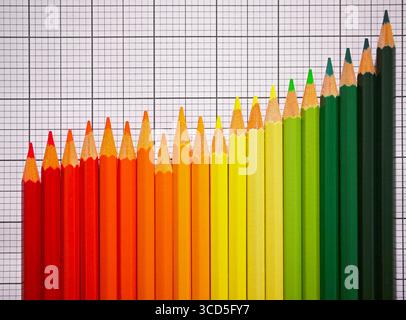 il pastello colorato si trova su carta a scacchi come un grafico aziendale in crescita, passando dal rosso al verde, a dimostrazione di un successo nello sviluppo Foto Stock