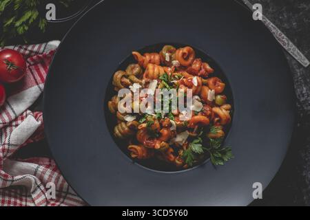 Gustosa e appetitosa pasta italiana classica con salsa di pomodoro, parmigiano e basilico su piatto al buio. Vista dall'alto piano Foto Stock