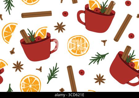vin brulé per le festività natalizie motivo senza cuciture con chiodi di garofano, bastoncino di cannella, arancia, mirtilli rossi e rosmarino; sfondo invernale - illustrazione vettoriale Illustrazione Vettoriale