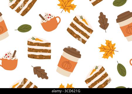 motivo senza cuciture con fette di torta di carote e tazze di caffè di zucca con panna montata, bastoncini di cannella e foglie autunnali - illustrazione vettoriale Illustrazione Vettoriale