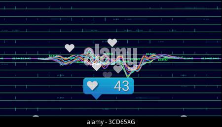 Bolla blu fluttuante che mostra il cuore bianco e 43 sul cruscotto, con linee griglia e forme d'onda Foto Stock