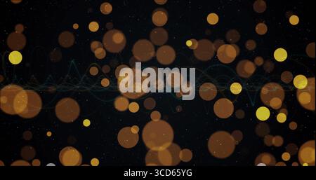 Visualizzazione della forma d'onda bokeh astratta su tela scura, con sfere dorate, linee color ottanio, macchie bianche Foto Stock