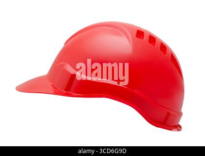 Vista laterale dell'elmetto in plastica rosso isolato su bianco Foto Stock