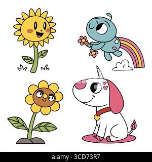 Allegre illustrazioni vettoriali di fiori carini e di un adorabile cane con un tocco stravagante Illustrazione Vettoriale