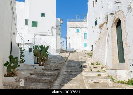 Caratteristici vicoli nel centro storico di Ostuni, città bianca in Puglia, provincia di Brindisi, Italia Foto Stock
