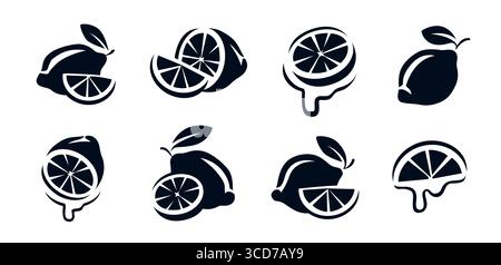 Set di icone Lemon. Lime, frutta con foglia, simbolo della fetta. Emblema dell'acido citrico Illustrazione Vettoriale