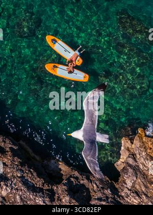 Vista aerea di una coppia che si rilassa sulle tavole da paddle nelle acque cristalline di Polignano a Mare sorvolata da un gabbiano, Puglia, Italia Foto Stock