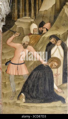 Il Martirio di San Pietro, affresco di Andrea di Bonaiuto, Cappella Spagnola in Santa Maria Novella principale chiesa domenicana di Firenze, Italia Foto Stock