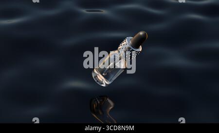 Flacone contagocce in vetro trasparente con tappo nero che galleggia sulla superficie dell'acqua scura Foto Stock