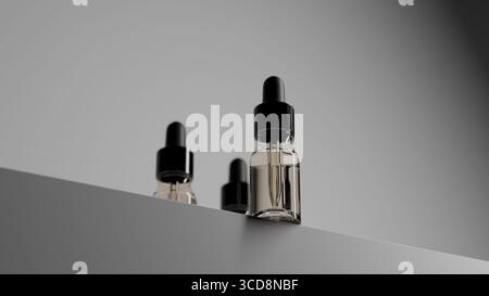 Un singolo flacone contagocce in vetro trasparente con tappo nero posizionato su sfondo grigio Foto Stock