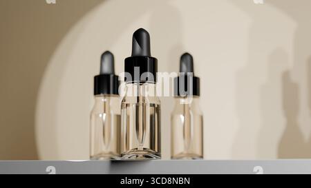 Tre flaconi contagocce in vetro trasparente con tappi neri posizionati insieme su sfondo beige Foto Stock