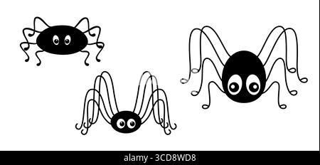 Set di ragni, divertente creatura dei cartoni animati con grandi occhi, otto gambe disegnate a mano. Elemento di design simpatico e spettrale, per le feste di Halloween, progetti, adesivi e decorazioni a tema insetti Illustrazione Vettoriale