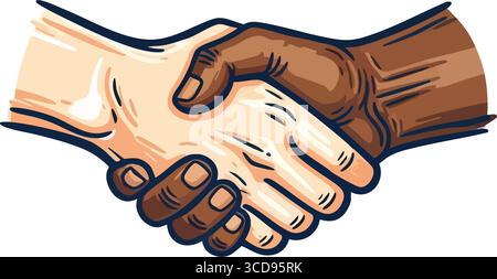 Diverse mani che scuotono Unity. Immagine che raffigura una presa salda tra due persone con carnagioni diverse. Simboleggia la cooperazione, l'armonia Illustrazione Vettoriale