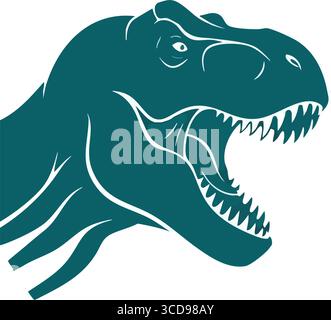 Profilo testa di dinosauro T Rex Teal. Un potente rettile antico a mascella aperta, realizzato in un'audace tonalità blu-verde su sfondo scuro. Simboleggia Illustrazione Vettoriale