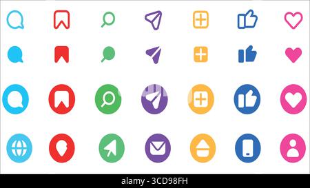 "Set di icone colorate per social media e interfaccia Web: Chat, segnalibro, ricerca, invio, aggiunta, come, cuore, globo, posizione e simboli mobili' Illustrazione Vettoriale