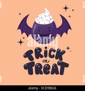 Carino Halloween Bat Mug con Trick or Treat. Kawaii Spooky Illustration. Tazza a forma di pipistrello con panna montata e spruzzi colorati. Buon per Illustrazione Vettoriale