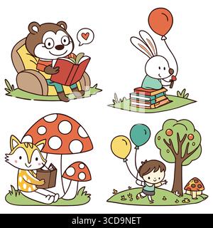 graziosa illustrazione vettoriale degli animali che leggono e giocano all'aperto con palloncini e un fungo Illustrazione Vettoriale