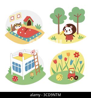 divertenti e colorate illustrazioni vettoriali di animali e scene accoglienti per l'arredamento dei bambini Illustrazione Vettoriale