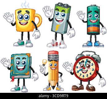 Illustrazione vettoriale di oggetti animati con volti e arti sorridenti, con colori vivaci ed espressioni giocose Illustrazione Vettoriale