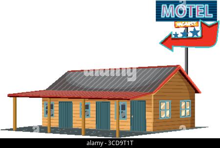 Illustrazione vettoriale di un motel classico con un vivace cartello di posto vacante. Struttura in legno, tetto rosso e porte blu Illustrazione Vettoriale
