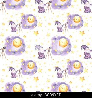 L'astronomo GNOME guarda attraverso il telescopio il cielo stellato della notte di luna, con un motivo senza cuciture ad acquerello per il design dei bambini. Elfi illustrativi disegnati a mano da Foto Stock