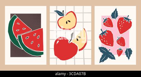 Moderna collezione di poster di frutta con fetta di anguria, metà di mele e motivi di fragole per arredare la cucina. Stampe botaniche minimaliste con forme geometriche per un design contemporaneo degli interni. Illustrazione Vettoriale