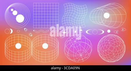 Elementi Cyber retro Grid con forme geometriche a reticolo e forme di contorno su gradiente vibrante per un design a onda sintetica. Sfere e cilindri, onde e simboli astratti nello stile estetico degli anni '80. Illustrazione Vettoriale