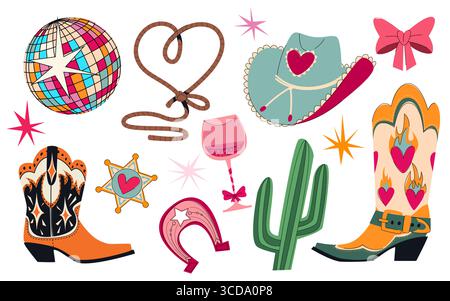 Elementi da discoteca cowgirl con palla a specchio, lasso con corda cardiaca, ferro di cavallo e cappello, stivali e sceriffo star per feste. Accessori WESTERN con archi rosa, bicchiere da cocktail e icone del rodeo country retrò Illustrazione Vettoriale