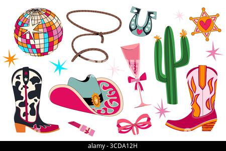 Elementi da discoteca cowgirl con palla a specchio, lazo di corda, ferro di cavallo e cappello, stivali e sceriffo star per feste. Accessori WESTERN con archi rosa, bicchiere da cocktail e rodeo retrò o icone country Illustrazione Vettoriale
