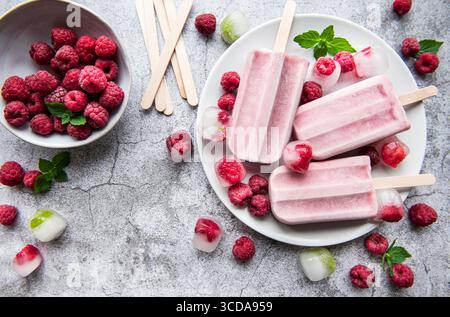 Gelato fatto in casa ai lamponi e lamponi freschi. Cibo estivo. Foto Stock