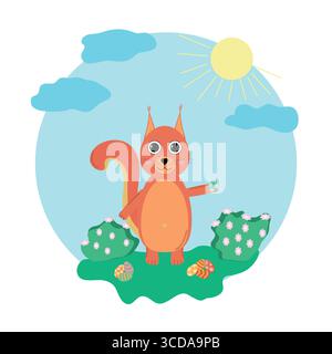 animale scoiattolo con vettore delle vacanze all'uovo di pasqua su sfondo blu, design piatto, fauna selvatica Illustrazione Vettoriale