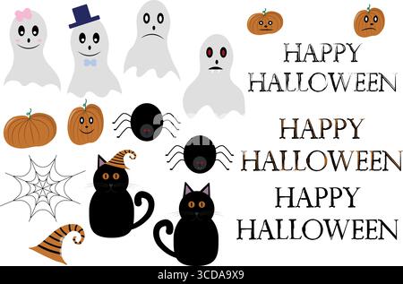 Set vettoriale di Halloween. Fantasmi, zucche, ragni, ragnatela, gatti, cappello, iscrizioni per le vacanze Illustrazione Vettoriale