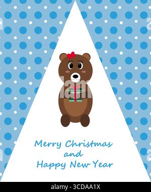 Biglietto di Natale con un orso. Illustrazioni vettoriali per sfondo, calendario, biglietto d'auguri, biglietto d'invito, banner del sito Web, banner sui social media, Illustrazione Vettoriale