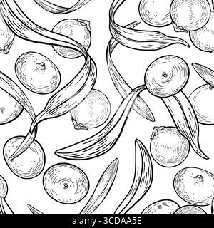 Bacche di acai e foglie di palma bianco nero motivo vettoriale senza cuciture isolato su bianco. Superfood piccoli bacche viola tropicali in inchiostro fogliato disegnato a mano Illustrazione Vettoriale