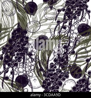 Bacche di acai su rami foglie di palma tropicale disegnate a mano con silhouette nera e sfondo a ripetizione vettoriale. Vegetazione tropicale e frutti di bosco freschi senza cuciture Illustrazione Vettoriale