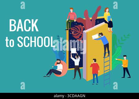 Tornando a scuola, apri il libro con gli studenti e apri il libro della conoscenza Illustrazione Vettoriale