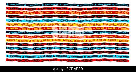 Motivo a nastro per striscioni di vendita con Black Friday, Cyber Monday, testi di vendita finale con icone di avvertenza. Ideale per sfondi promozionali, e-Commerce Illustrazione Vettoriale