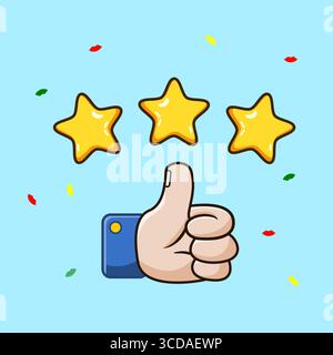 Thumbs Up with Stars, positive feedback and Approval Concept Vector Illustration Cartoon Design Illustrazione Vettoriale
