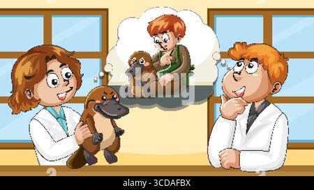 Due scienziati dei cartoni animati in camici da laboratorio esaminano un ornitorinco in un laboratorio luminoso, immaginando un bambino che interagisce con l'animale in una bolla di pensiero Illustrazione Vettoriale