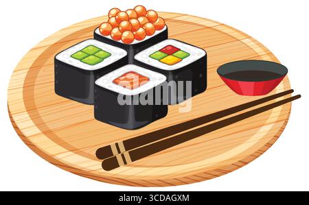 Illustrazione vettoriale di quattro sushi roll con vari condimenti, serviti su un piatto rotondo di legno con bacchette e un piccolo piatto di salsa di soia Illustrazione Vettoriale