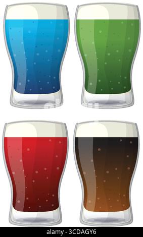 Illustrazione vettoriale di quattro bicchieri trasparenti riempiti di bevande frizzanti blu, verde, rosso e marrone. Stile pulito e piatto con sottili bolle Illustrazione Vettoriale