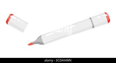 Un'illustrazione vettoriale pulita e minimalista di un pennarello rosso aperto. L'immagine mostra il marcatore con il cappuccio rimosso, pronto per essere utilizzato per Illustrazione Vettoriale