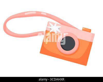 Un'affascinante e giocosa illustrazione vettoriale disegnata a mano di una fotocamera in stile retrò, di colore arancione e rosa. Il design semplice evoca divertimento, viaggi e berretto Illustrazione Vettoriale
