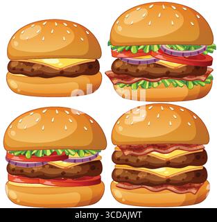 Illustrazione vettoriale colorata di quattro cheeseburger con lattuga, pomodoro, cipolla e formaggio, disposti in una griglia con riflessi luminosi e lucidi Illustrazione Vettoriale