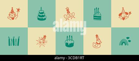 Set di simpatici poster per feste di compleanno per bambini, biglietti d'auguri, inviti, etichette, adesivi, distintivi. Bambini divertenti disegnati a mano sullo sfondo del pastello. Ve Illustrazione Vettoriale