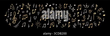 Scrivere a mano note musicali d'oro e d'argento, chiavi, simboli, spartito, disegno a forma di acuto sulla lavagna nera. Festival musicale di lusso, karaoke, classi Illustrazione Vettoriale