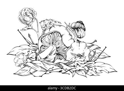 Funghi russula con tappo a latte Lactarius, lumaca su tappo, bacca di nuvole su un mucchio di foglie secche autunnali. Illustrazione naturale dei funghi disegnata a mano con inchiostro vettoriale Illustrazione Vettoriale