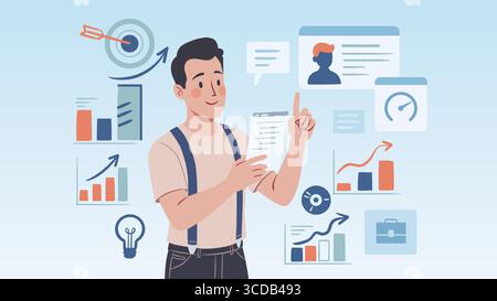 Un uomo produttivo che lavora in multitasking su un progetto, analizzando la strategia aziendale e i grafici dei dati. Illustrazione Vettoriale