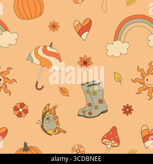 Motivo autunnale senza cuciture con arcobaleno, funghi e ombrello. Vibrazioni cadenti. Illustrazione vettoriale retro 70s. Stile hippie. Tessuto, design tessile Illustrazione Vettoriale